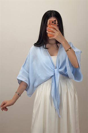 Bağlamalı Kısa Kimono mavi