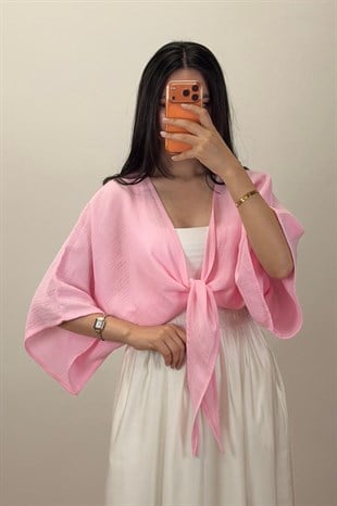 Bağlamalı Kısa Kimono Pembe
