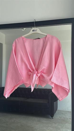 Bağlamalı Kısa Kimono Pembe