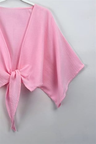 Bağlamalı Kısa Kimono Pembe