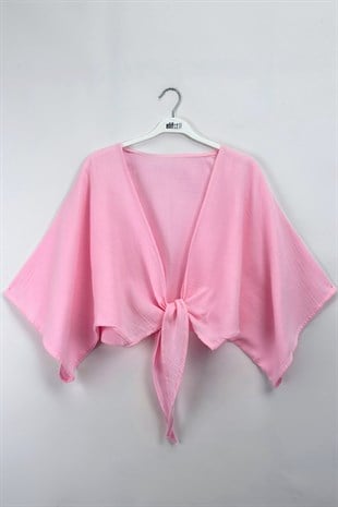 Bağlamalı Kısa Kimono Pembe