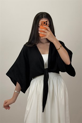 Bağlamalı Kısa Kimono Siyah