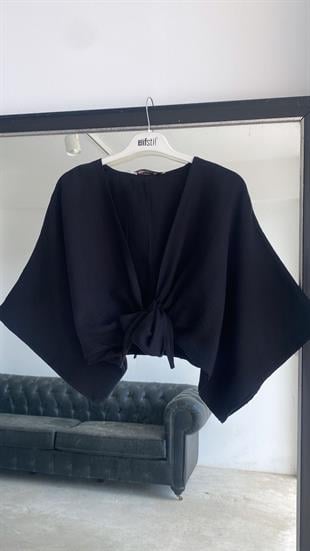 Bağlamalı Kısa Kimono Siyah