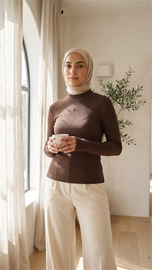 Balıkçı Yaka Parmak Geçmeli Body  Acı Kahve 