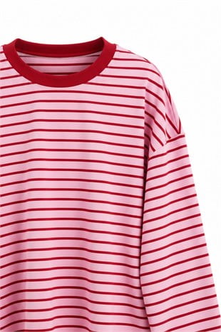 Baskılı Çizgili Sweat Pembe