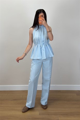 Büzgülü Bluz Pantolon Takım Mavi 