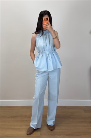 Büzgülü Bluz Pantolon Takım Mavi 