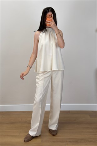 Büzgülü Bluz Pantolon Takım Naturel 