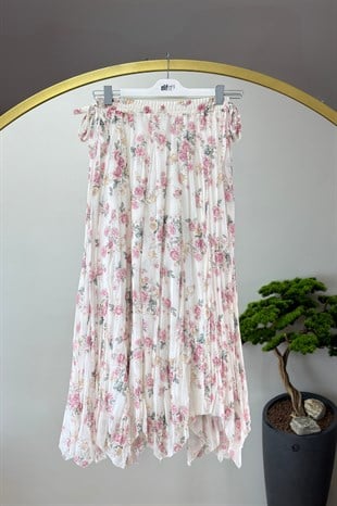 Çiçekli Asimetrik Etek Pembe 