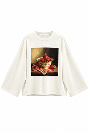 Çilek Baskılı Sweatshirt Ekru 
