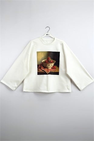 Çilek Baskılı Sweatshirt Ekru 