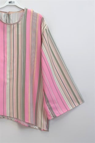 Asimetrik Çizgili  Bluz Pembe 