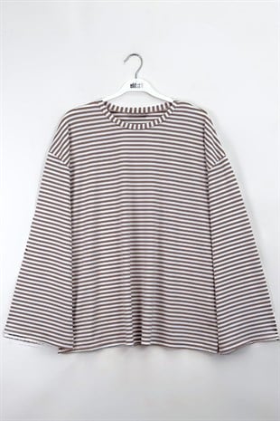 Çizgili Basic Sweat Bej