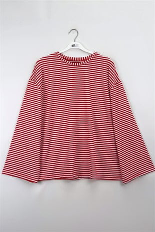 Çizgili Basic Sweat Kırmızı