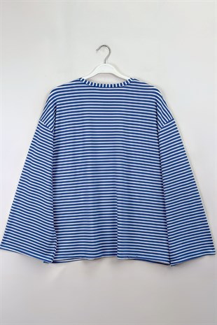 Çizgili Basic Sweat Mavi