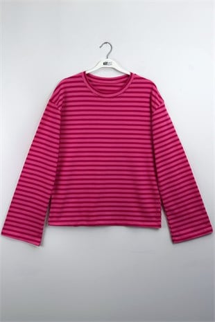 Çizgili Geniş Kol Sweat Pembe