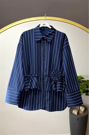 Çizgili Gül Detay Gömlek Lacivert 