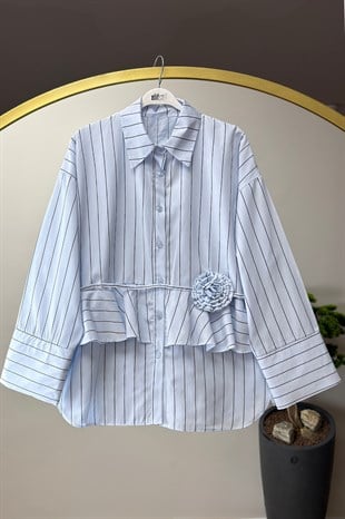 Çizgili Gül Detay Gömlek Mavi 