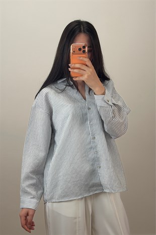 Çizgili Oversize Gömlek Beyaz 