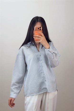 Çizgili Oversize Gömlek Beyaz 