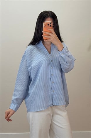 Çizgili Oversize Gömlek Mavi 