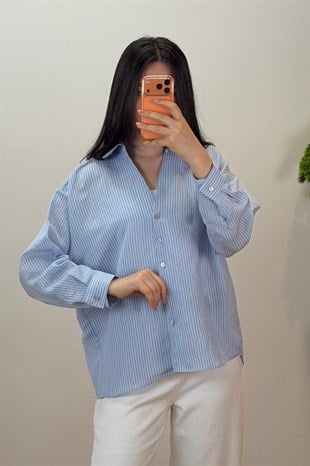 Çizgili Oversize Gömlek Mavi 