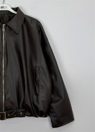 Delina Balon Kol Deri Ceket Acı Kahve 