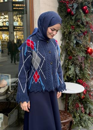 Desenli İpli Hırka İndigo 