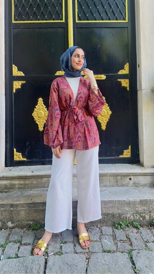 Desenli Kimono Bordo 