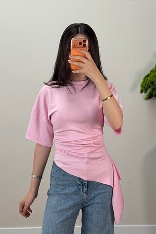 Drapeli Asimetrik Tişört Pembe 