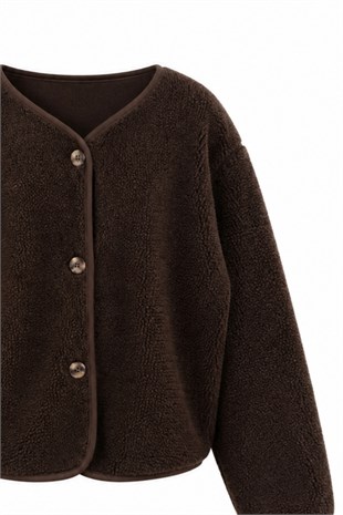 Düğmeli Peluş Hırka Kahve 