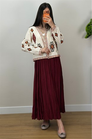 Etnik Motif İnce Ceket Bej 