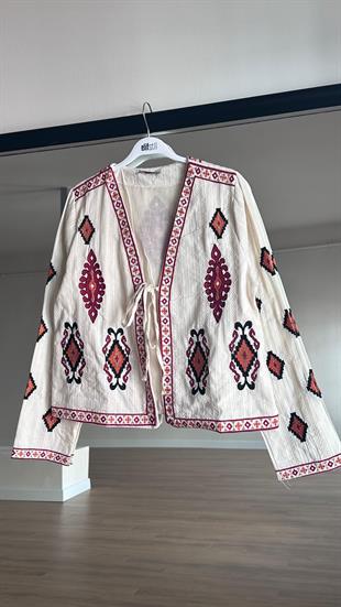 Etnik Motif İnce Ceket Bej 