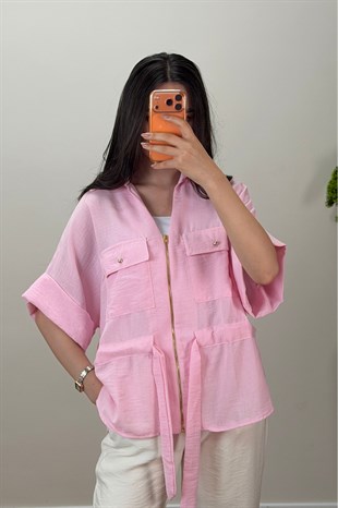 Fermuarlı Keten Gömlek Pembe 