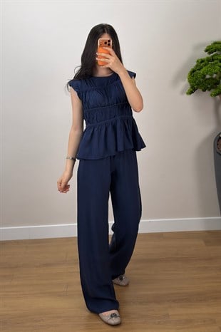Fırfır Bluz Pantolon Takım Lacivert 