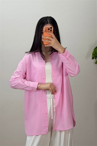 Flamlı Keten Gömlek Pembe 