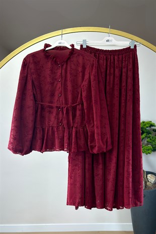 Güpürlü Etekli Takım Bordo