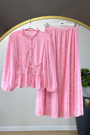 Güpürlü Etekli Takım Pembe 