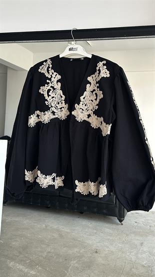 İşlemeli Bluz Siyah 