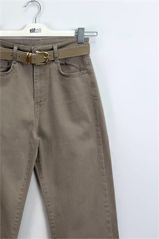 Kemerli Jean Pantolon Vizon 