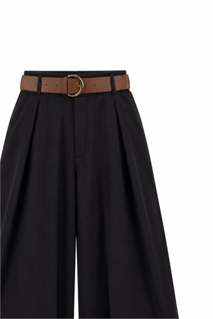 Kemerli Bol Paça Pantolon Siyah 