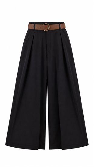 Kemerli Bol Paça Pantolon Siyah 