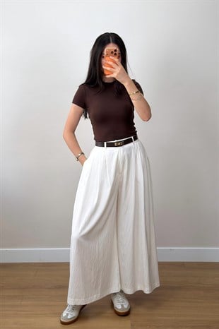 Kemerli Etek Pantolon Ekru