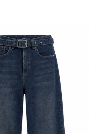 Kendinden Kemerli Kot Pantolon Mavi 