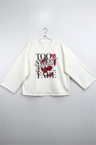 Kiraz Baskılı Sweatshirt Ekru 