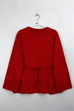 Kolu Katlı Basıc Sweat  Kırmızı 