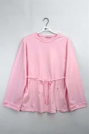 Kolu Katlı Basıc Sweat  Pembe 