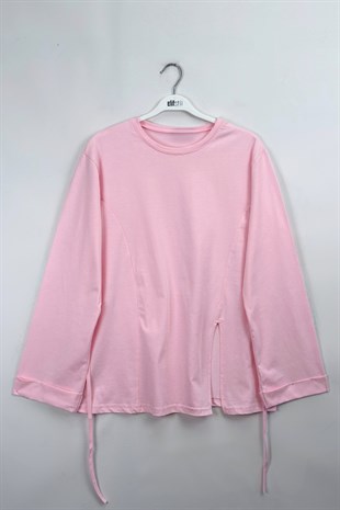 Kolu Katlı Basıc Sweat  Pembe 