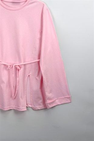 Kolu Katlı Basıc Sweat  Pembe 