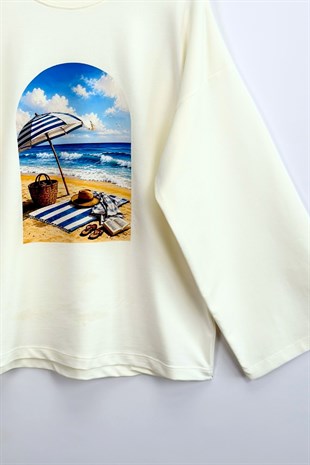 Kumsal Baskılı Sweatshirt Ekru